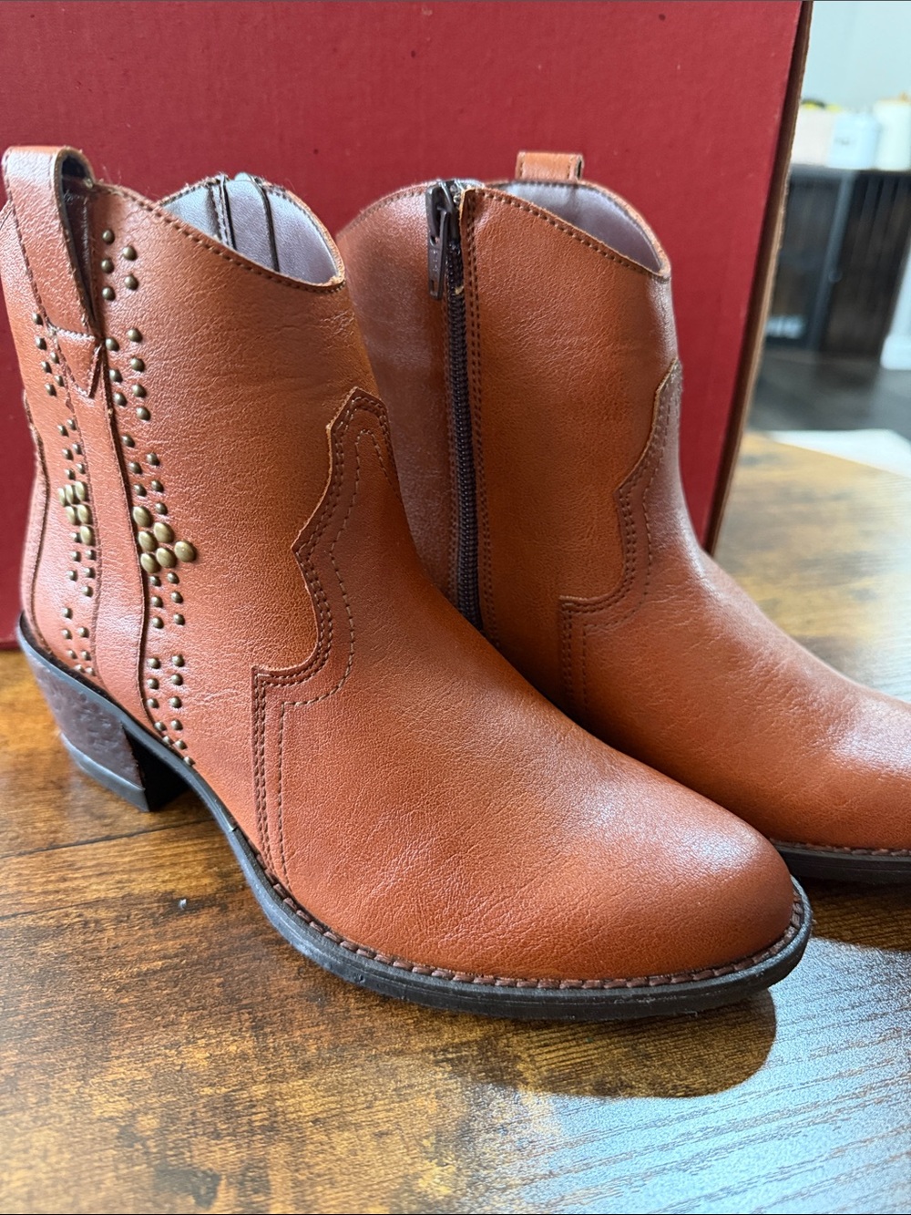 ANDREA FENZI Cognac Brown Western-Style Ankle Booties with Stud Accents